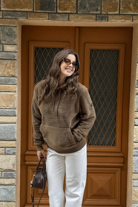 SIMPLE ONE COLOR FLUFFY WOMEN HOODIE BROWN/KAFE - 2