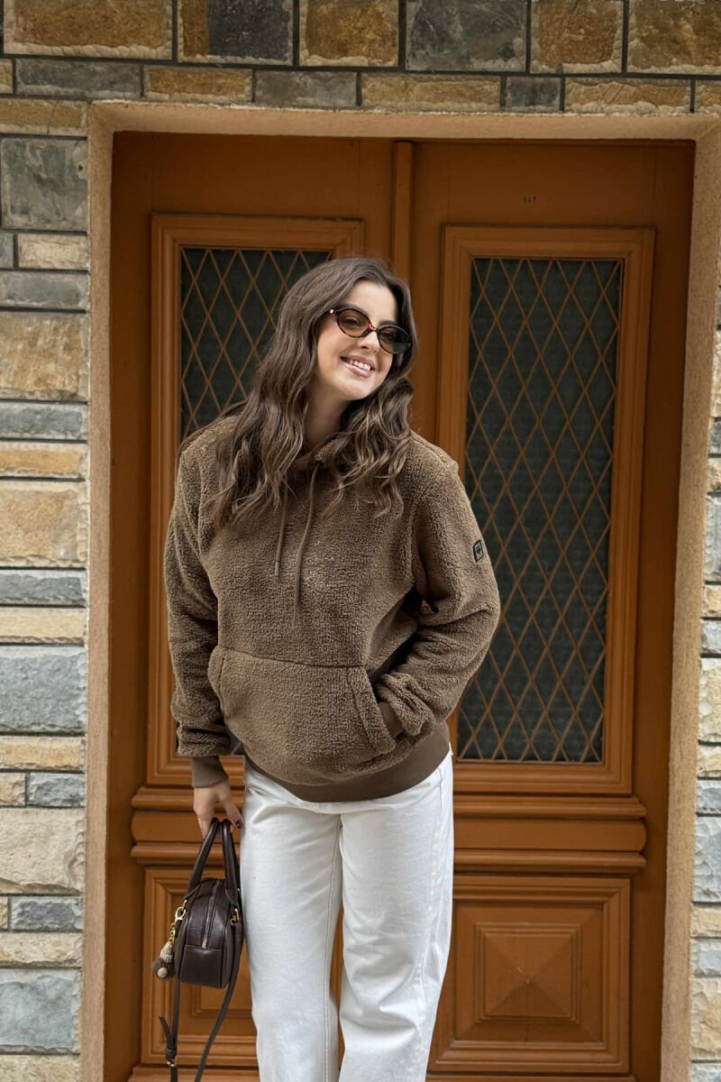 SIMPLE ONE COLOR FLUFFY WOMEN HOODIE BROWN/KAFE - 2