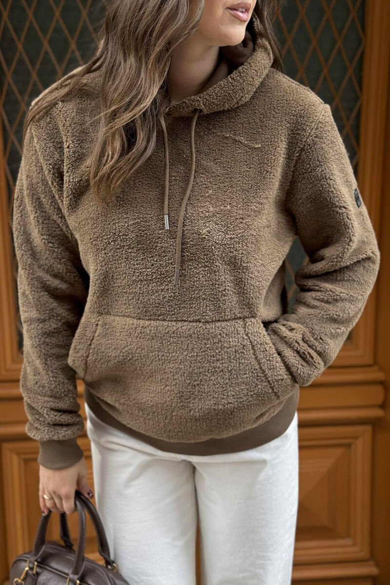SIMPLE ONE COLOR FLUFFY WOMEN HOODIE BROWN/KAFE - 4