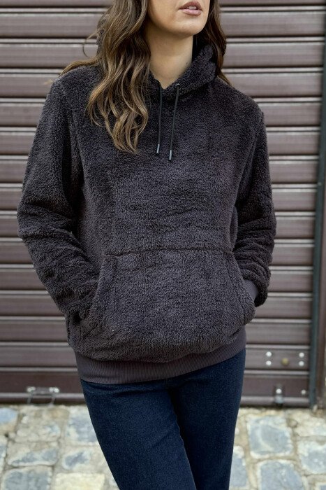 SIMPLE ONE COLOR FLUFFY WOMEN HOODIE DARK GREY/GEE - 3