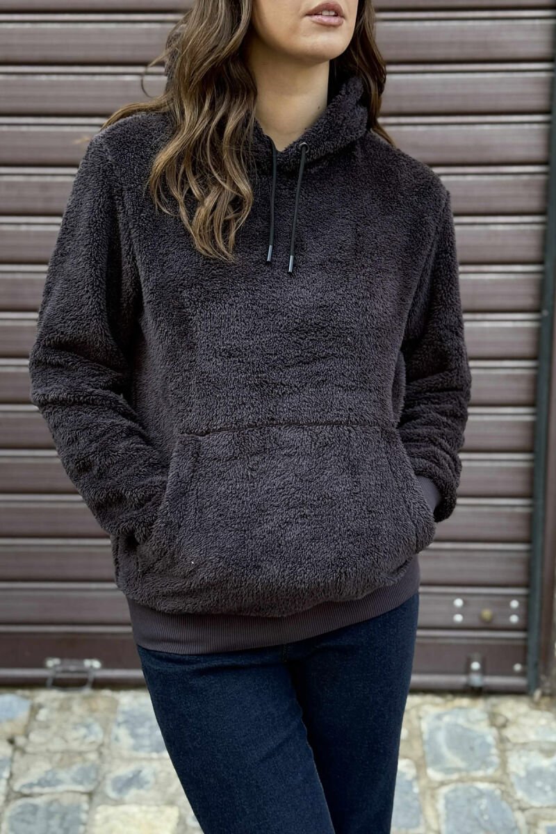 SIMPLE ONE COLOR FLUFFY WOMEN HOODIE DARK GREY/GEE - 3