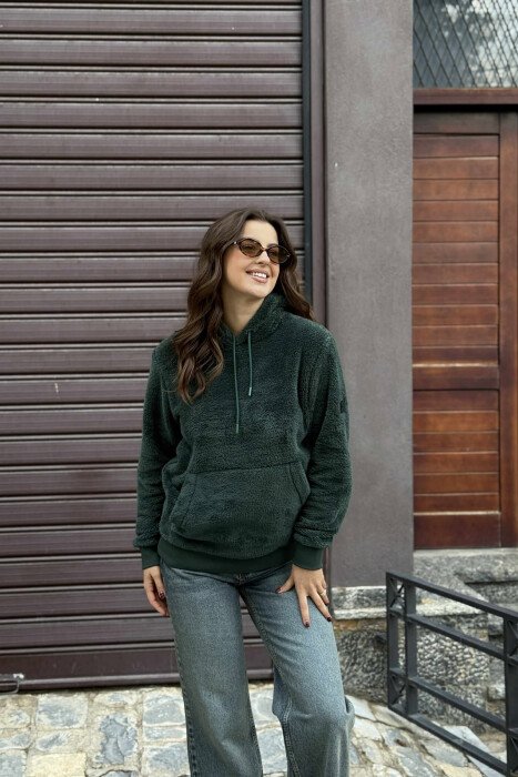 SIMPLE ONE COLOR FLUFFY WOMEN HOODIE GREEN/JESHILE - 1