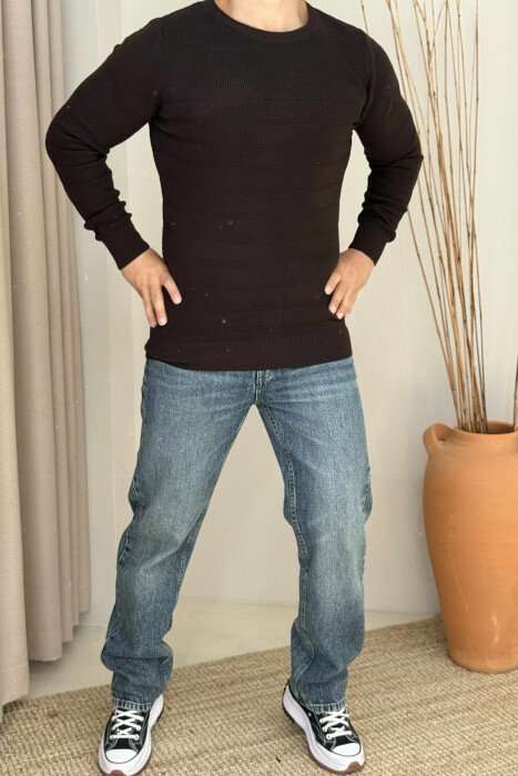 SIMPLE ONE COLOR MEN SWEATER DARK BROWN/KAE - 1