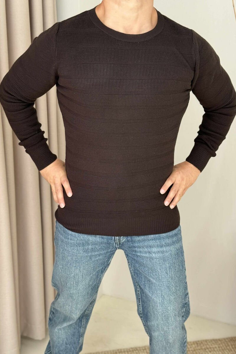 SIMPLE ONE COLOR MEN SWEATER DARK BROWN/KAE - 3
