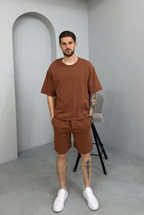 SIMPLE ONE COLOR T-SHIRT + SHORTS MEN SET BROWN/KAFE - 1