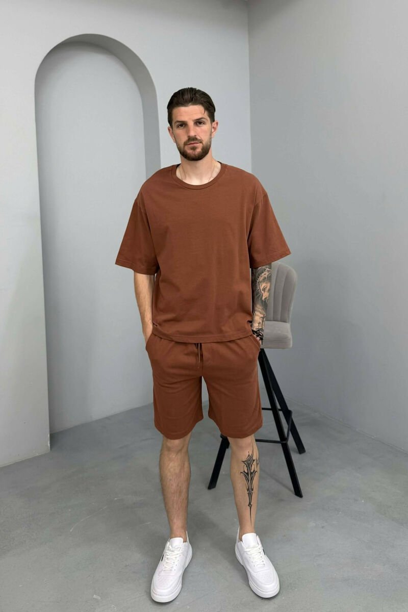 SIMPLE ONE COLOR T-SHIRT + SHORTS MEN SET BROWN/KAFE - 1