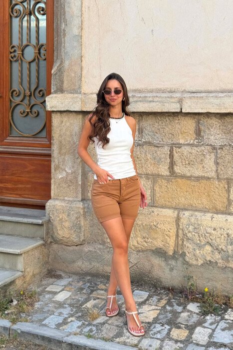 SIMPLE ONE COLOR WOMAN SHORTS BROWN/KAFE - KLAUDIO FASHION