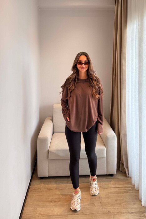SIMPLE ONE COLOR WOMAN SWEATSHIRT BROWN/KAFE - KLAUDIO FASHION