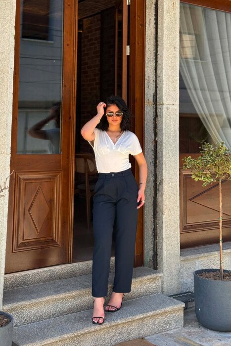 SIMPLE ONE COLOR WOMAN TROUSERS DARK BLUE/BEE - 3