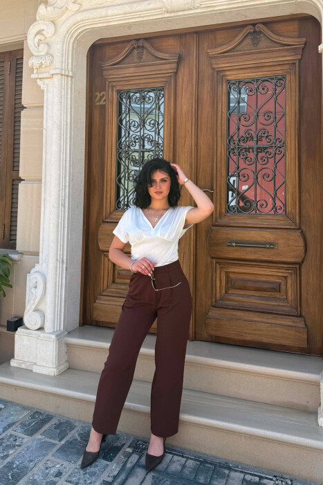 SIMPLE ONE COLOR WOMAN TROUSERS DARK BROWN/KAE - 1