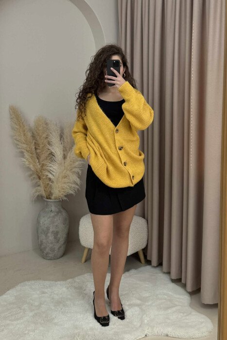 SIMPLE ONE COLOR WOMEN CARDIGAN MUSTARD/MUSTARDE - 1