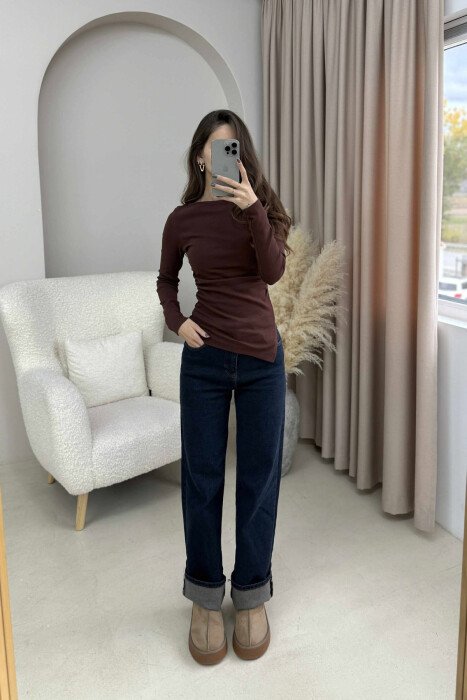 SIMPLE ONE COLOR WOMEN SWEATSHIRT BROWN/KAFE - 1