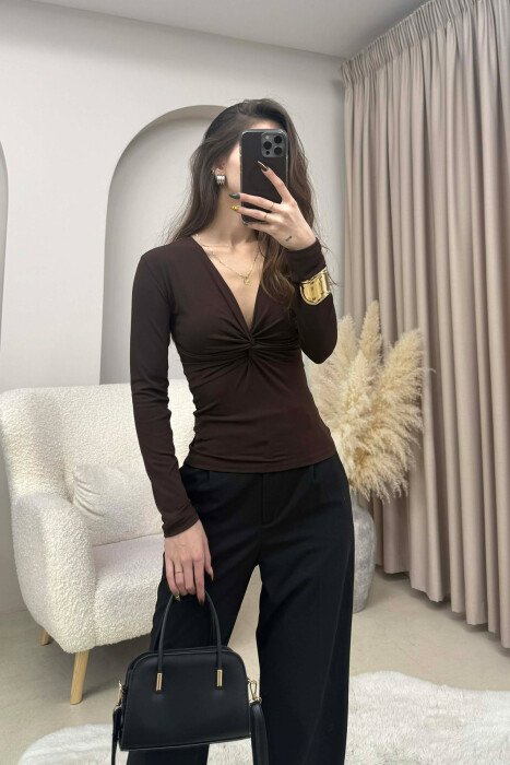 SIMPLE ONE COLOR WOMEN SWEATSHIRT BROWN/KAFE - 1