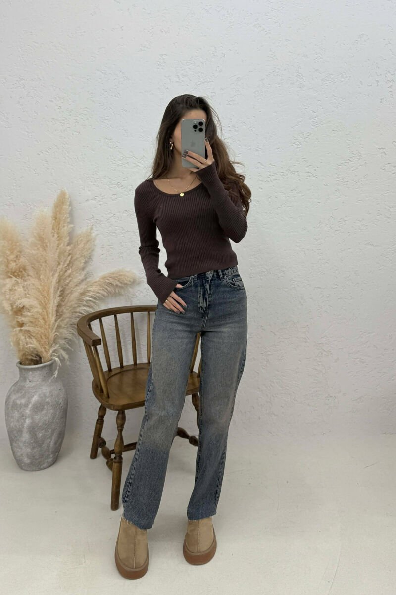 SIMPLE ONE COLOR WOMEN SWEATSHIRT DARK BROWN/KAE - 1