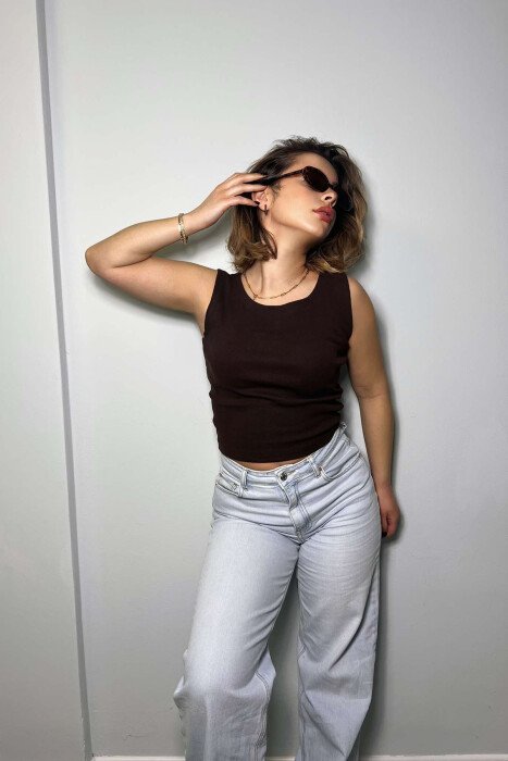 SIMPLE ONE COLOR WOMEN TANK TOP DARK BROWN/KAE - 2