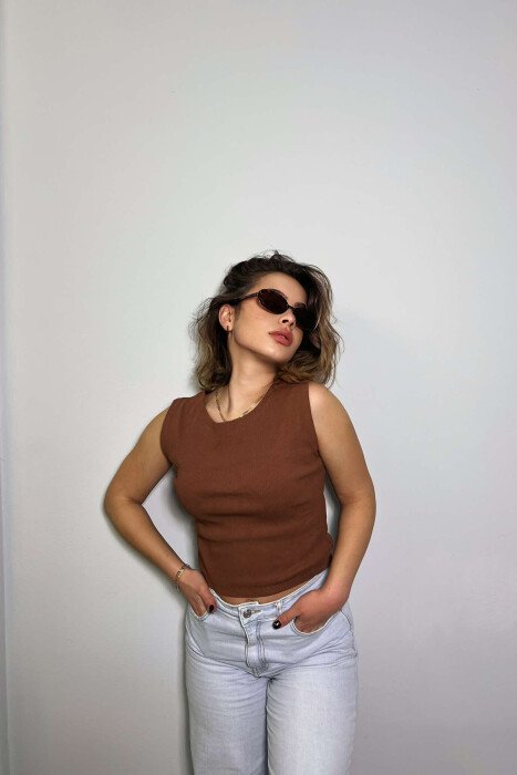 SIMPLE ONE COLOR WOMEN TANK TOP LIGHT BROWN/KAZB - 3