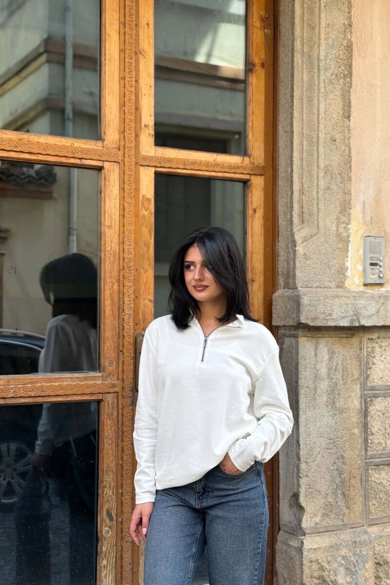 SIMPLE ONE COLOR ZIPPER NECK WOMAN SWEATSHIRT WHITE-E BARDHE - 1