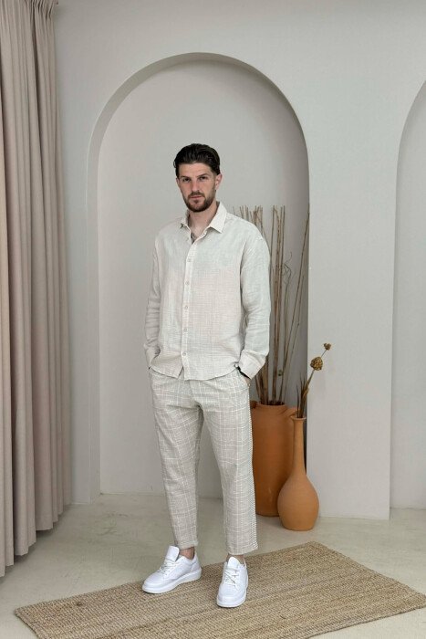 PANTALLONA ME KUADRATE PER MESHKUJ NE NGJYRE BEZHE - KLAUDIO FASHION
