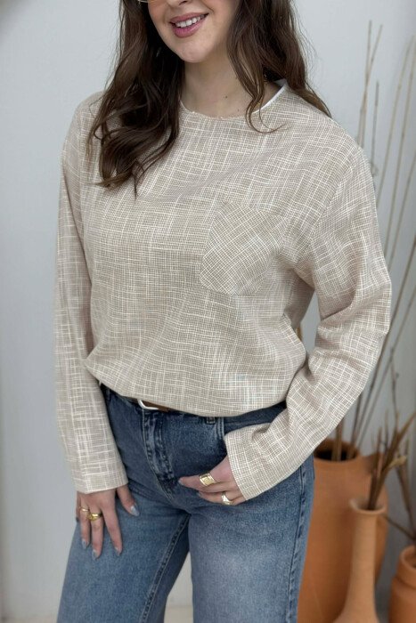 SIMPLE POCKET DETAIL WOMEN SWEATSHIRT BEIGE/BEZHE - 5