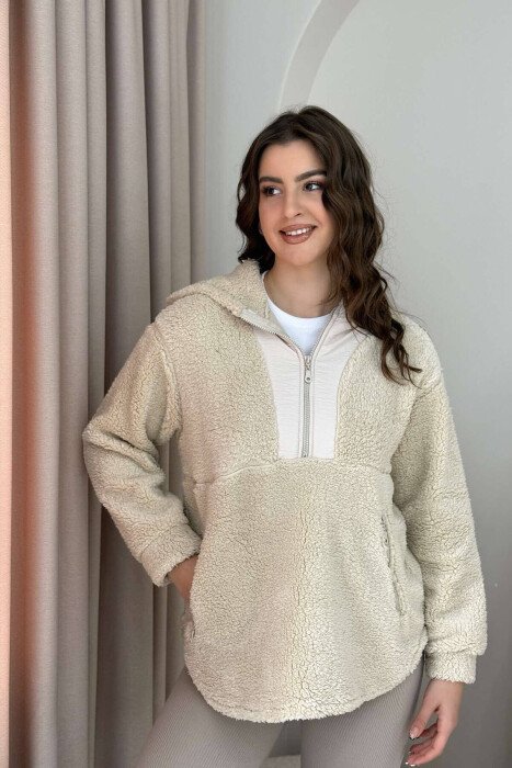 HOODIE POLARE PËR FEMRA NË NGJYRËN BEZHË - KLAUDIO FASHION