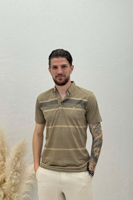 T-SHIRT I THJESHTE ME JAKE POLO PER MESHKUJ NE NGJYRE KAFE TE ZBARDHUR - KLAUDIO FASHION