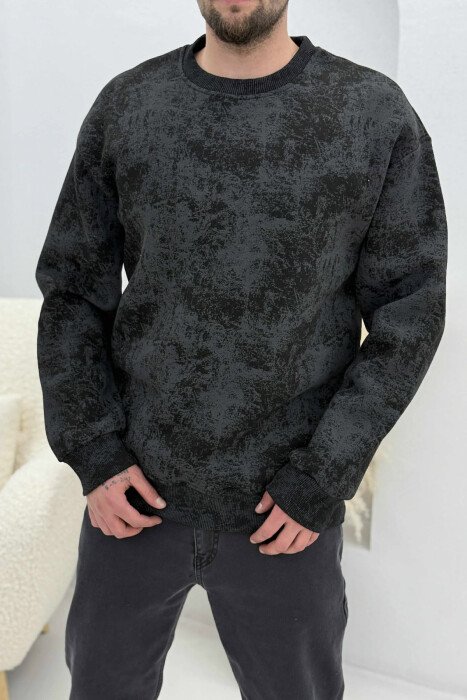 SIMPLE ROUND NECK FLUFFY MEN SWEATSHIRT BLACK/ E ZEZE - 