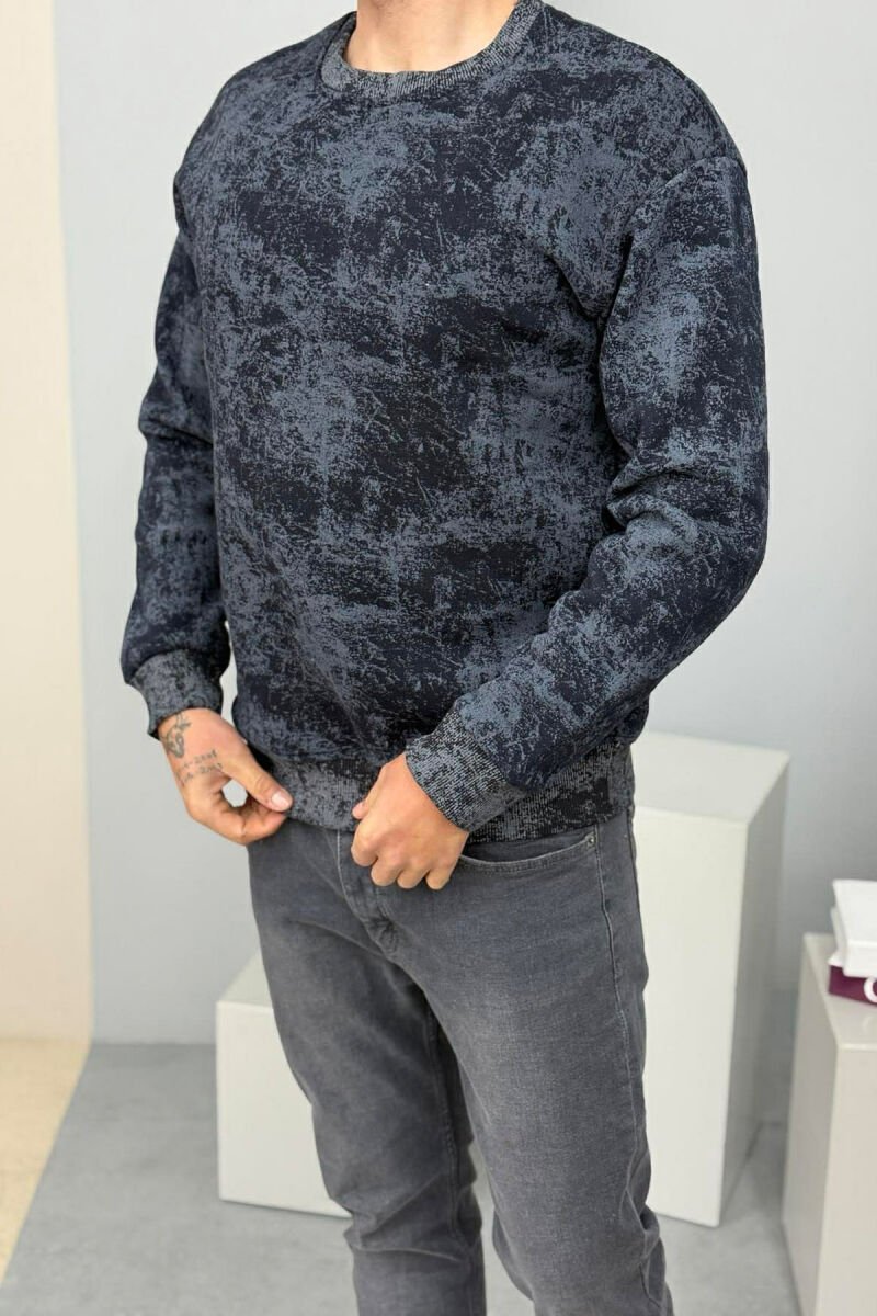 SIMPLE ROUND NECK FLUFFY MEN SWEATSHIRT DARK BLUE/BEE - 1