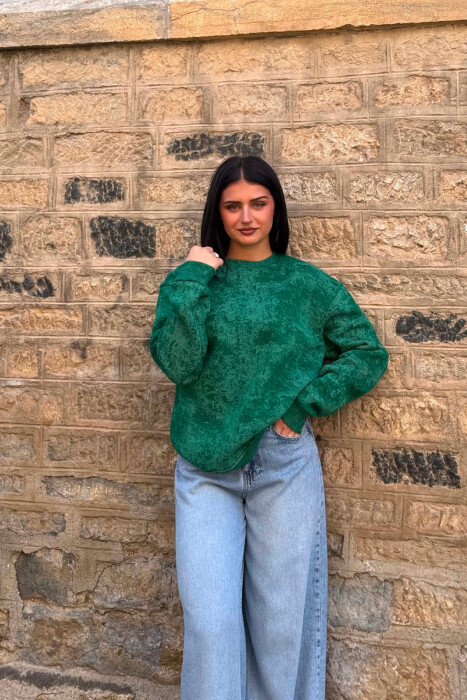 SIMPLE ROUND NECK FLUFFY WOMEN SWEATSHIRT GREEN/JESHILE - 2