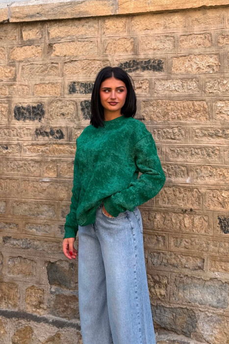 SIMPLE ROUND NECK FLUFFY WOMEN SWEATSHIRT GREEN/JESHILE - 4