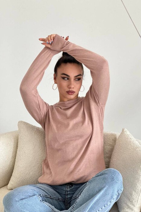 SIMPLE ROUND NECK WOMEN SWEATER BEIGE/BEZHE - KLAUDIO FASHION