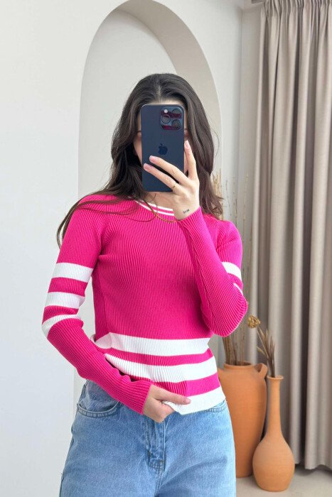 SIMPLE ROUND NECK WOMEN SWEATER FUCHSIA/CIKLAMI - 4