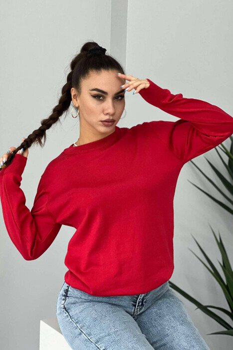 SIMPLE ROUND NECK WOMEN SWEATER RED/E KUQE - KLAUDIO FASHION