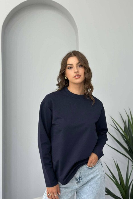 SIMPLE ROUND NECK WOMEN SWEATSHIRT DARK BLUE/BEE - KLAUDIO FASHION