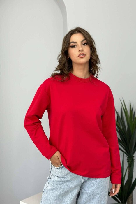 SIMPLE ROUND NECK WOMEN SWEATSHIRT RED/E KUQE - KLAUDIO FASHION