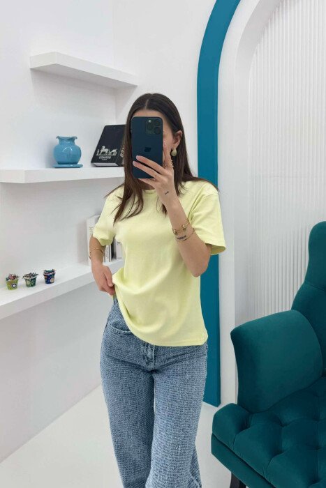ONE COLOR SIMPLE ROUND NECK WOMEN T-SHIRT NEON/NEON - KLAUDIO FASHION
