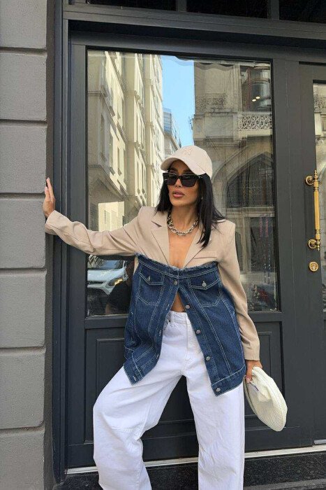 SIMPLE SEMI DENIM DESIGN WOMEN JACKET BEIGE/BEZHE - KLAUDIO FASHION