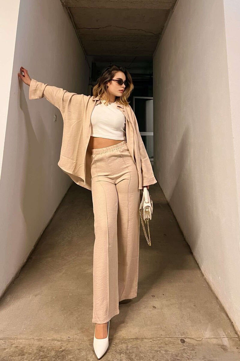 ONE COLOR SIMPLE SHIRT+TROUSERS WOMEN SET BEIGE/BEZHE - 1