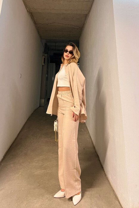 ONE COLOR SIMPLE SHIRT+TROUSERS WOMEN SET BEIGE/BEZHE - 2
