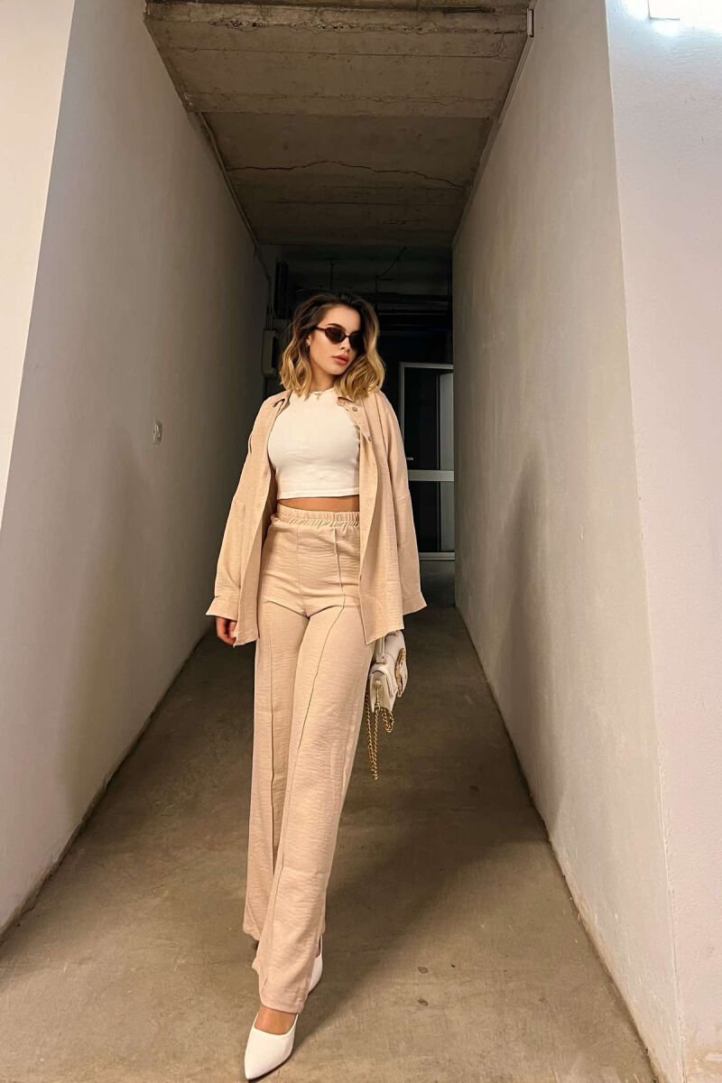 ONE COLOR SIMPLE SHIRT+TROUSERS WOMEN SET BEIGE/BEZHE - 3