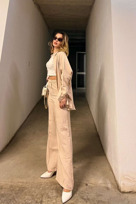 ONE COLOR SIMPLE SHIRT+TROUSERS WOMEN SET BEIGE/BEZHE - 4