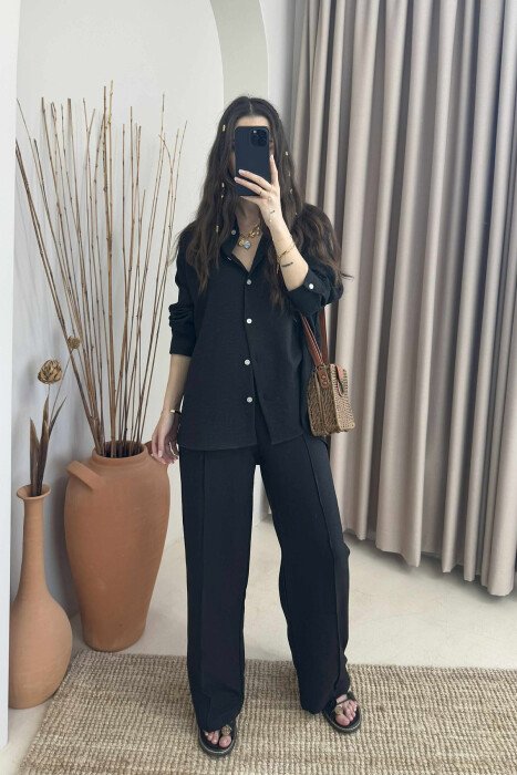 ONE COLOR SIMPLE SHIRT+TROUSERS WOMEN SET BLACK/ E ZEZE - KLAUDIO FASHION