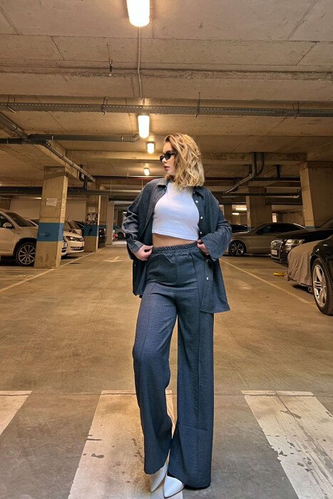 ONE COLOR SIMPLE SHIRT+TROUSERS WOMEN SET DARK BLUE/BEE 
