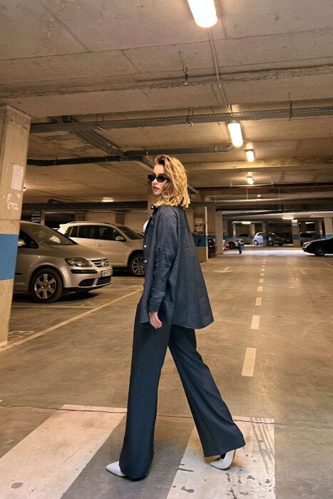 ONE COLOR SIMPLE SHIRT+TROUSERS WOMEN SET DARK BLUE/BEE - 2