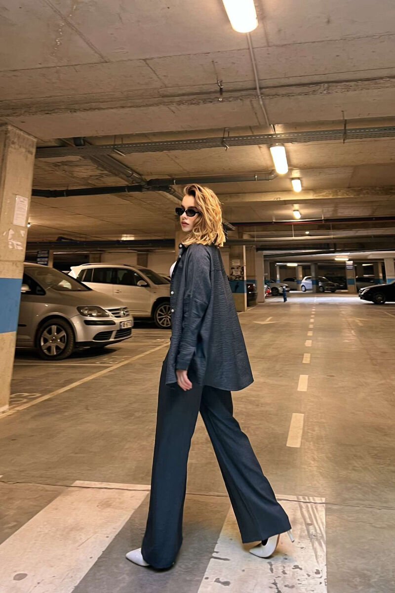 ONE COLOR SIMPLE SHIRT+TROUSERS WOMEN SET DARK BLUE/BEE - 2