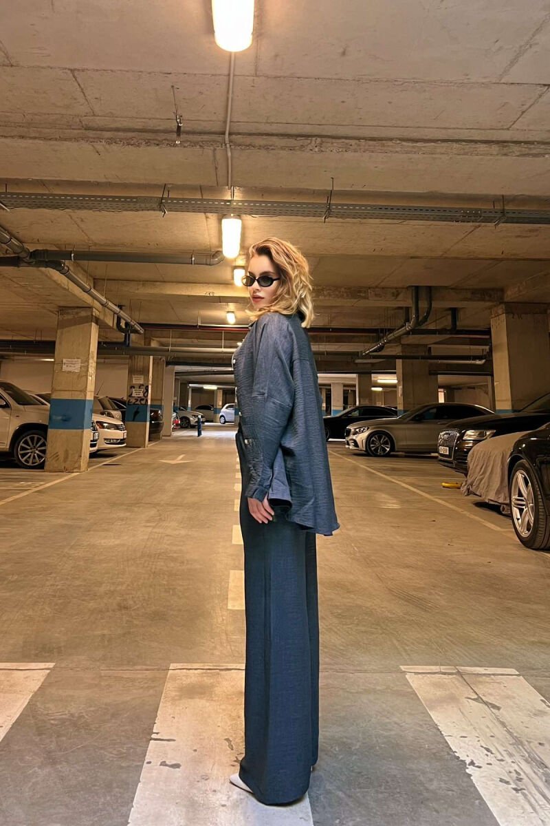 ONE COLOR SIMPLE SHIRT+TROUSERS WOMEN SET DARK BLUE/BEE - 4