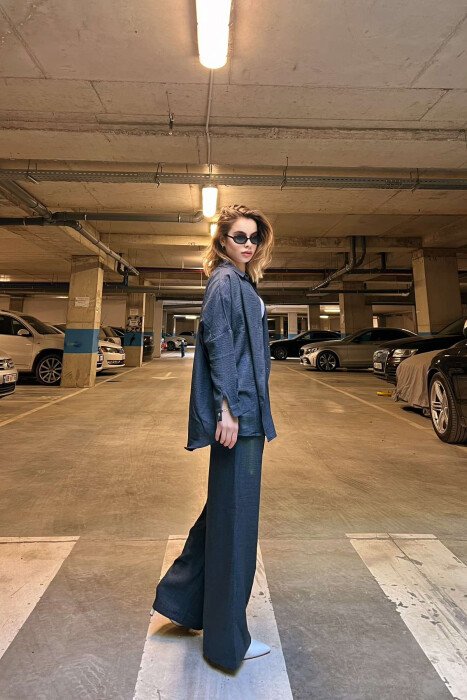 ONE COLOR SIMPLE SHIRT+TROUSERS WOMEN SET DARK BLUE/BEE - 5