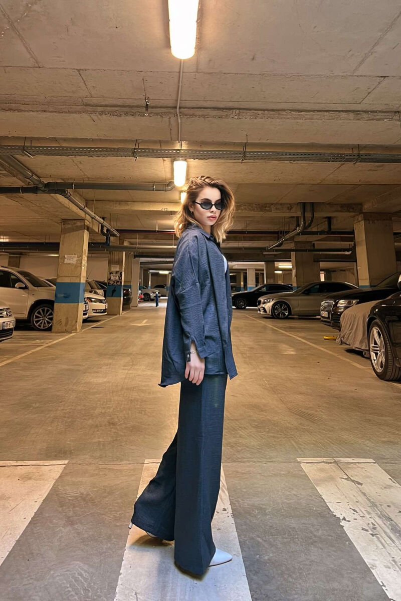 ONE COLOR SIMPLE SHIRT+TROUSERS WOMEN SET DARK BLUE/BEE - 5