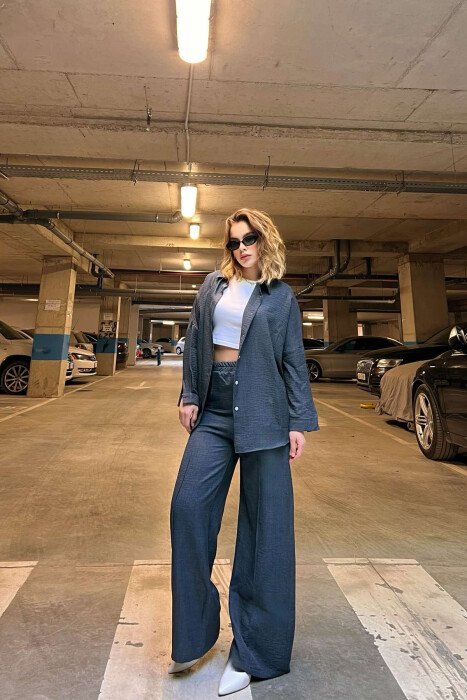ONE COLOR SIMPLE SHIRT+TROUSERS WOMEN SET DARK BLUE/BEE - 6