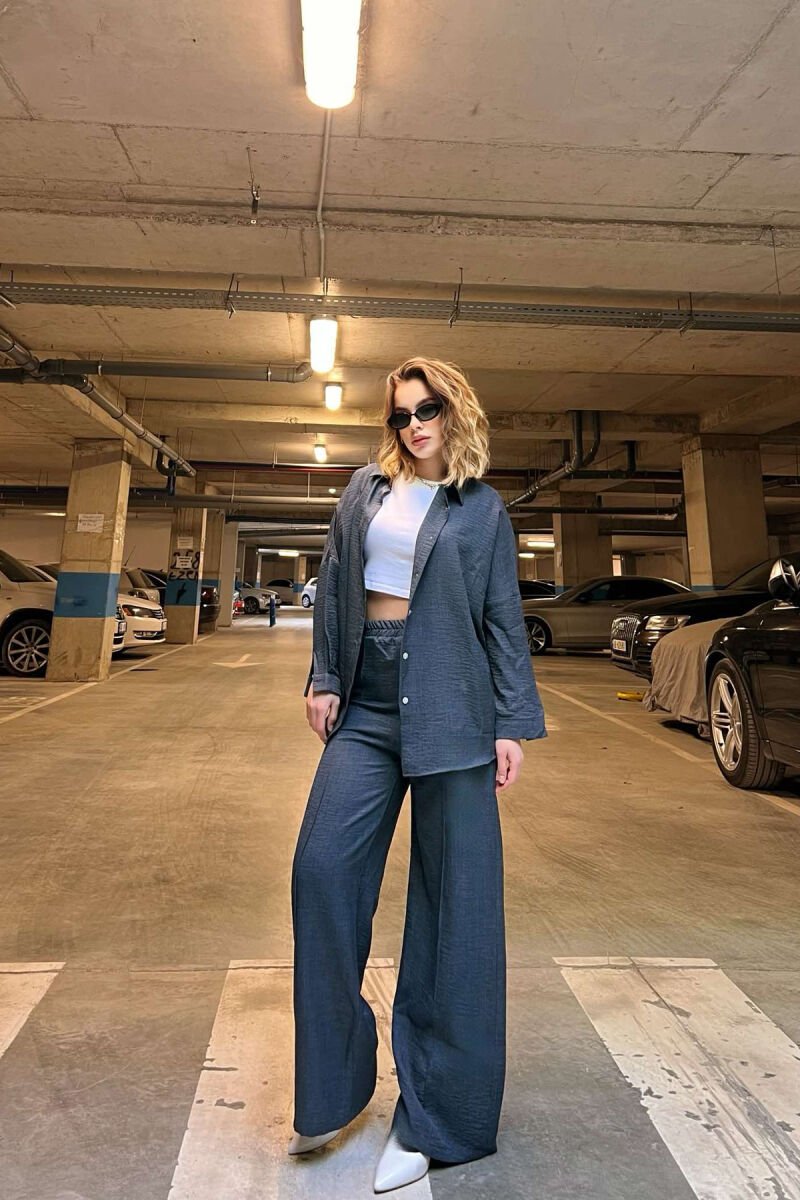 ONE COLOR SIMPLE SHIRT+TROUSERS WOMEN SET DARK BLUE/BEE - 6