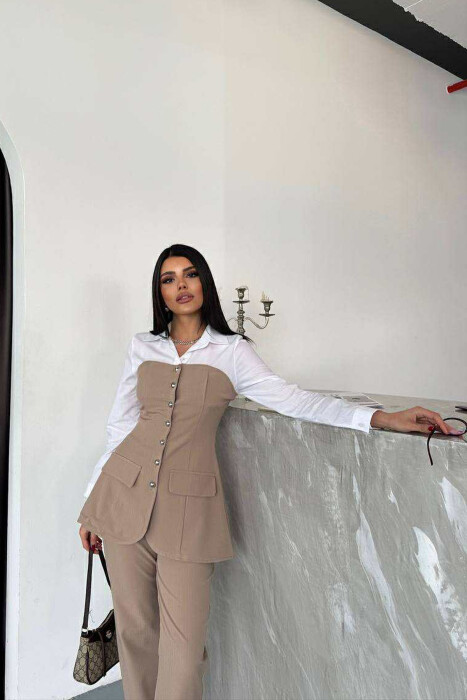 SIMPLE SHIRT+TROUSERS WOMEN SET BEIGE/BEZHE - 2